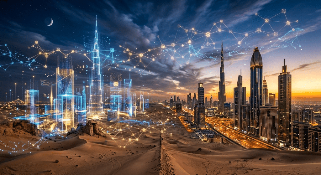 A futuristic cityscape blending digital and real elements, with glowing network lines connecting skyscrapers in a desert setting at dusk.