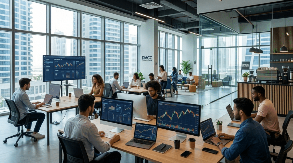People working on computers with financial charts in a modern office with large windows and city views.