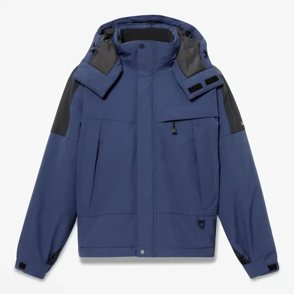A blue winter jacket with a detachable hood, front zipper, and multiple pockets.