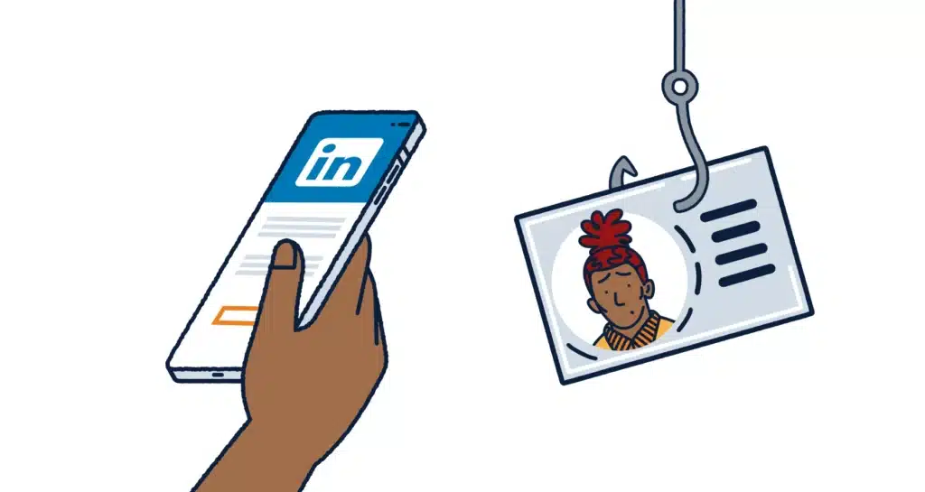 A hand holds a smartphone displaying the LinkedIn logo, while a fishing hook holds an ID card illustration. Linkedin Crypto Job Scam.