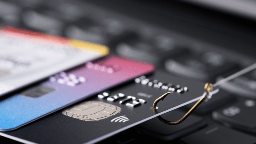 A LinkedIn Crypto Job Scam hook attached to credit cards lying on a keyboard, symbolising online financial fraud.