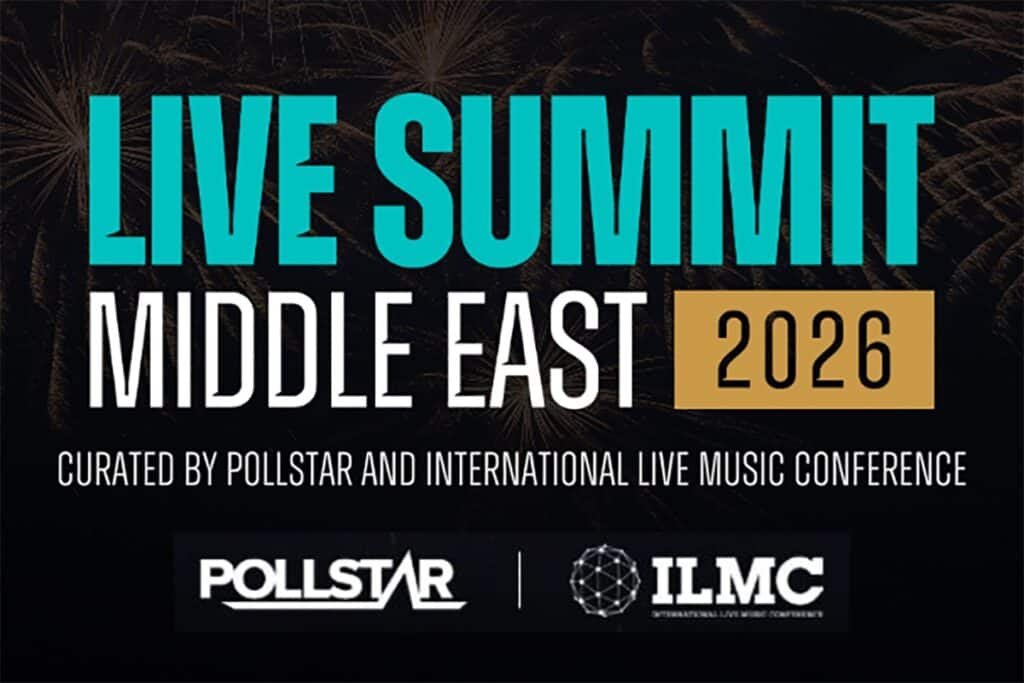 Live Summit Middle East 2026 poster with fireworks, featuring Pollstar and ILMC logos.