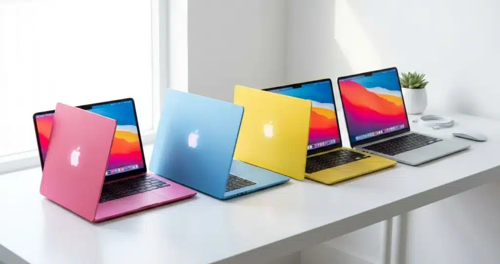 Four colourful MacBook NEO laptops in pink, blue, yellow, and silver are displayed on a white desk near a window.
