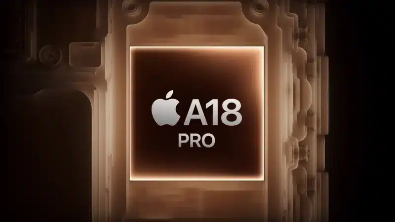 A glowing Apple A18 Pro chip is centered on a dark, circuit-like background.