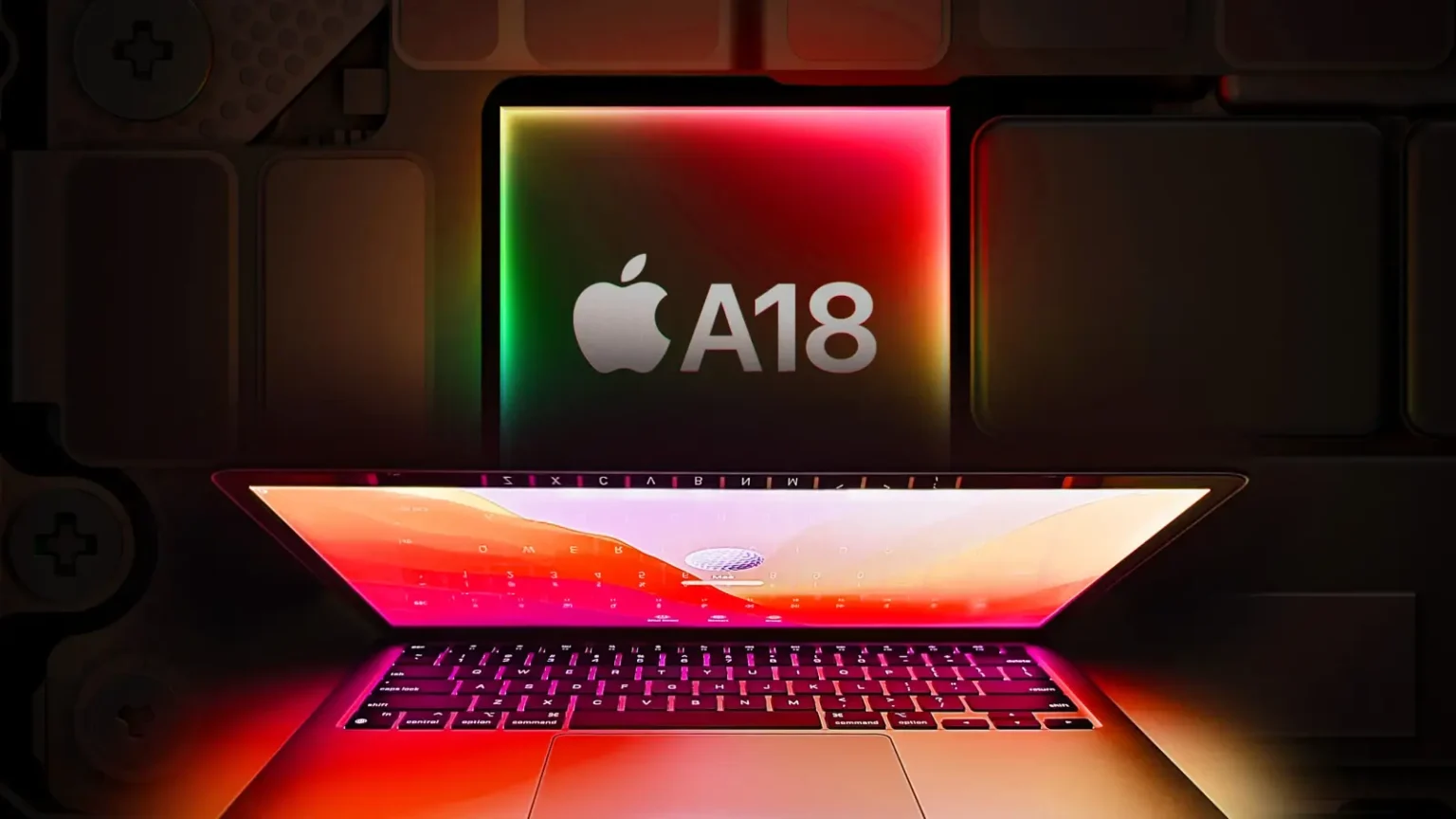 A laptop with a glowing screen below a large, illuminated sign displaying "A18" and an apple logo.