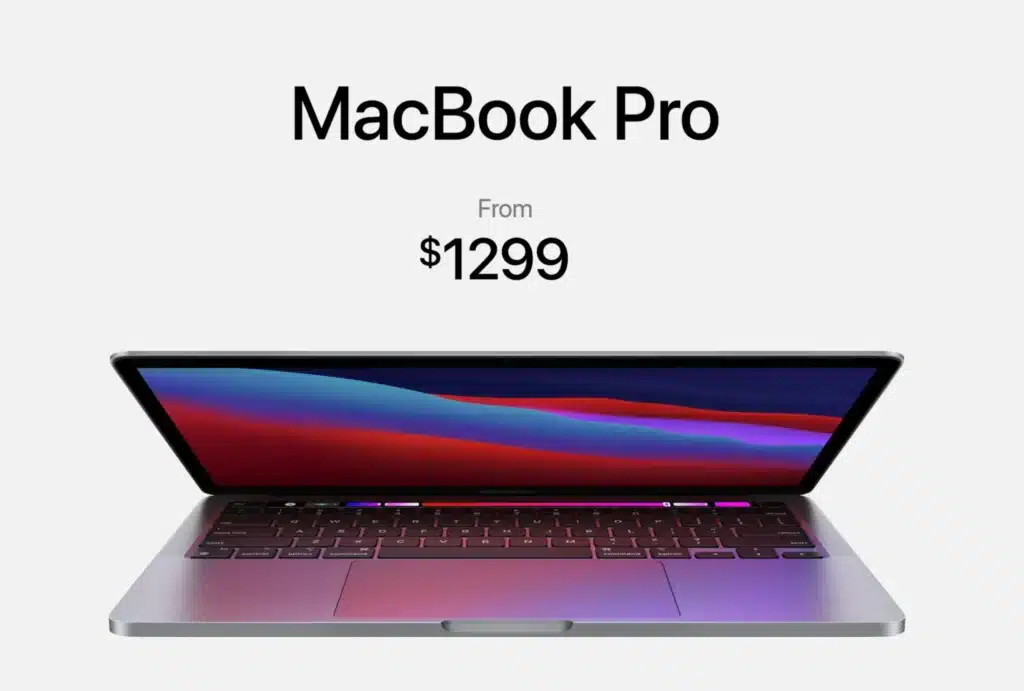 A MacBook Pro with a colorful screen and open display, showing a price starting at $1299.