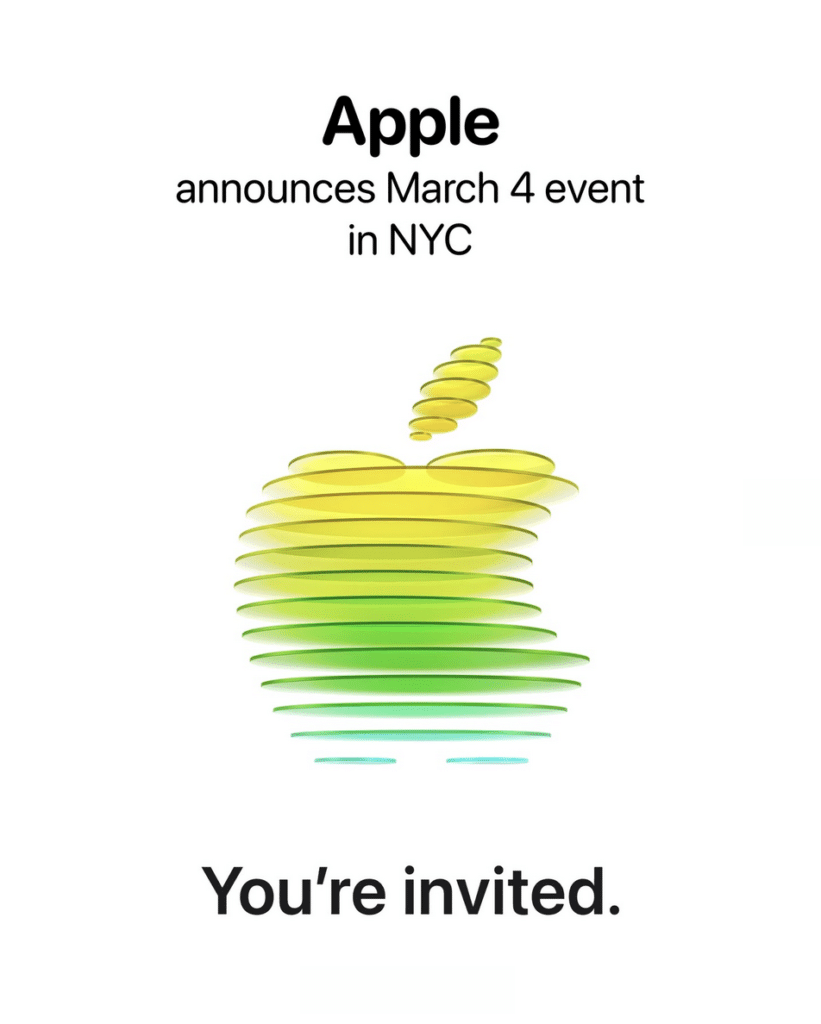 Stylized apple logo in green and yellow with text announcing a March 4 event in NYC, stating "You're invited for the launch of the MacBook E."