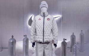 A mannequin wearing a USA Olympic outfit with a quilted white jacket and a beanie, surrounded by glass tanks and a large Nike logo.