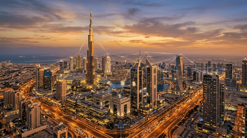 Aerial view of a Crypto Investments cityscape with skyscrapers, including a prominent tall tower, during sunset with a busy road network.