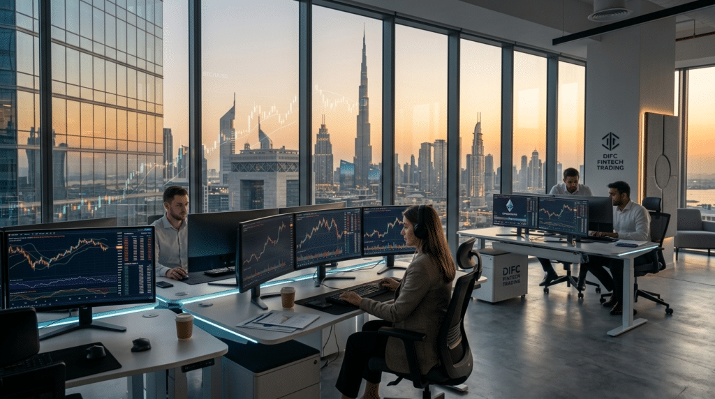 People at desks with multiple monitors display financial Crypto Investments charts in a modern office with a cityscape view at sunset.