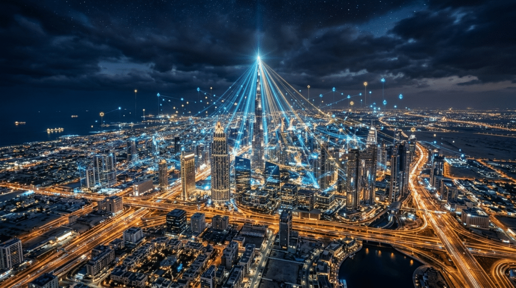 A futuristic cityscape at night with illuminated skyscrapers and digital light trails connecting buildings under a starry sky.