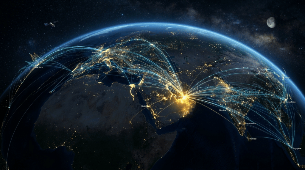 A glowing world map at night shows illuminated cities connected by bright lines, depicting global connectivity.