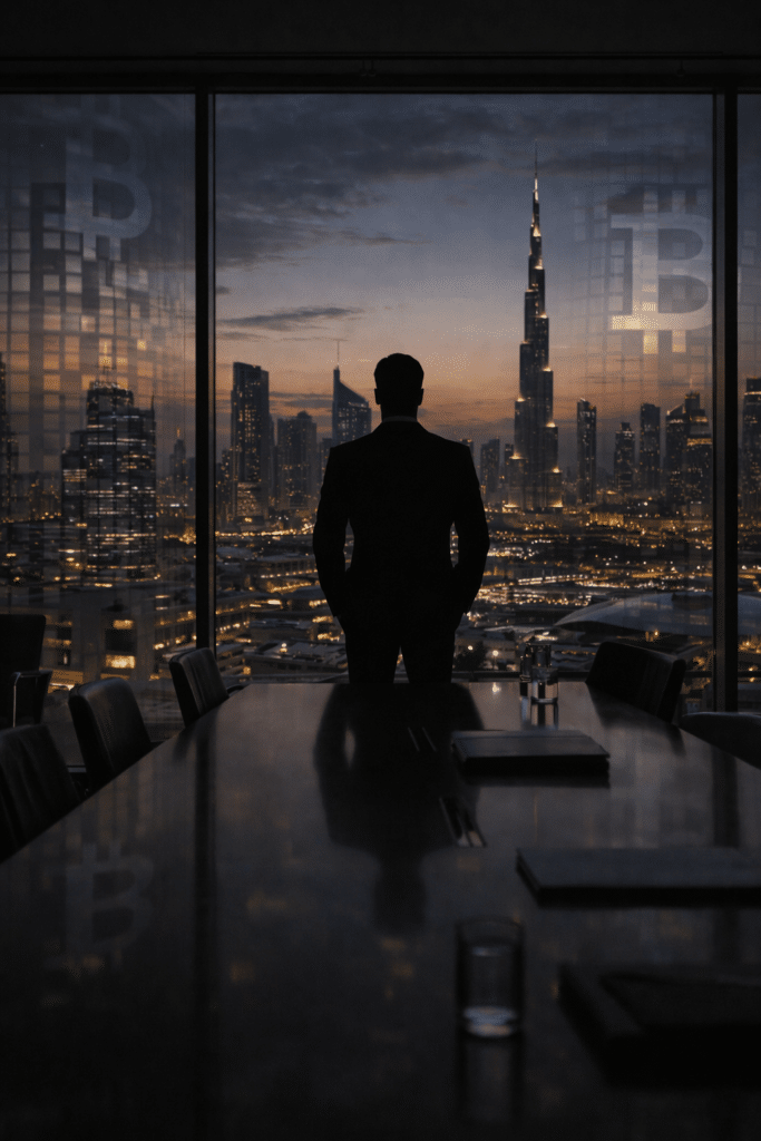 Silhouette of a person in a boardroom overlooking a cityscape at dusk, featuring the Burj Khalifa and Satoshi's Gift, Bitcoin symbols on windows.