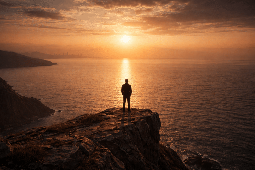 A person stands on a cliff edge, watching the sun set over the ocean, with a distant city skyline visible on the horizon.