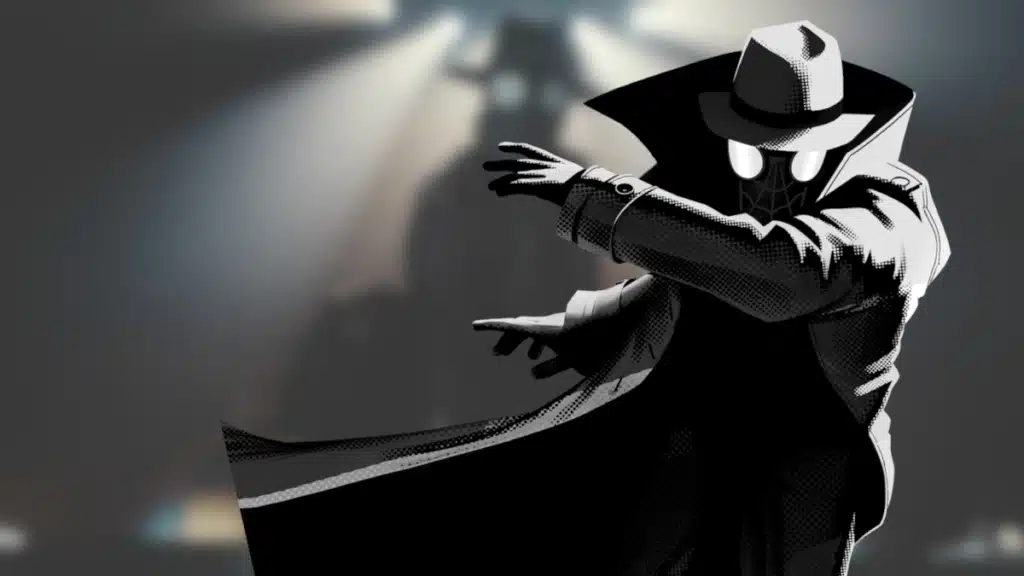 A stylized, noir-themed character in a trench coat and fedora, with a mask covering the face and glowing eyes, poses dramatically.