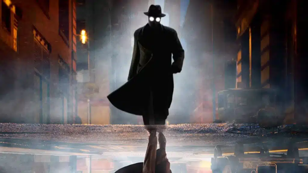 A mysterious figure in a trench coat and hat with glowing eyes walks down a dark, foggy street.