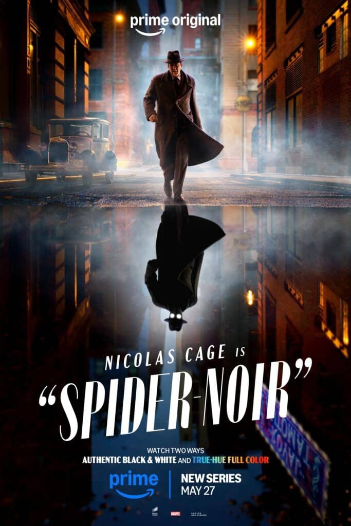 A shadowy figure in a trench coat walks down a dimly lit street, reflected in puddles, with text promoting "Spider-Noir Series".