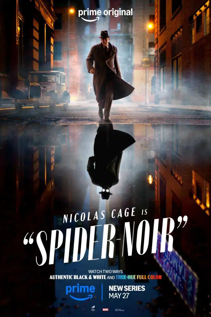 A shadowy figure in a trench coat walks down a dimly lit street, reflected in puddles, with text promoting "Spider-Noir Series".