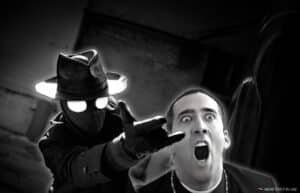A mysterious figure in a hat and trench coat points forward, while a surprised man appears in the background.
