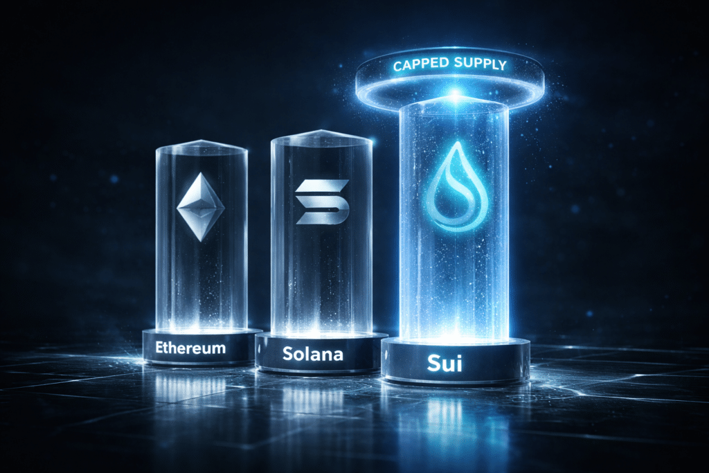 Three glowing cryptocurrency symbols in glass pillars labeled Ethereum, Solana, and Sui, with "Capped Supply" above Sui.