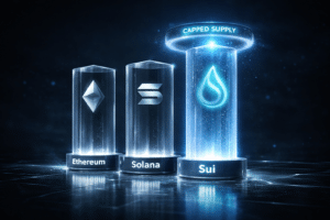 Three glowing cryptocurrency symbols in glass pillars labeled Ethereum, Solana, and Sui, with "Capped Supply" above Sui.