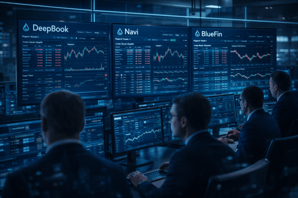 Traders analyze financial data on multiple monitors at desks, with screens labeled DeepBook, Navi, and BlueFin displaying graphs and statistics.