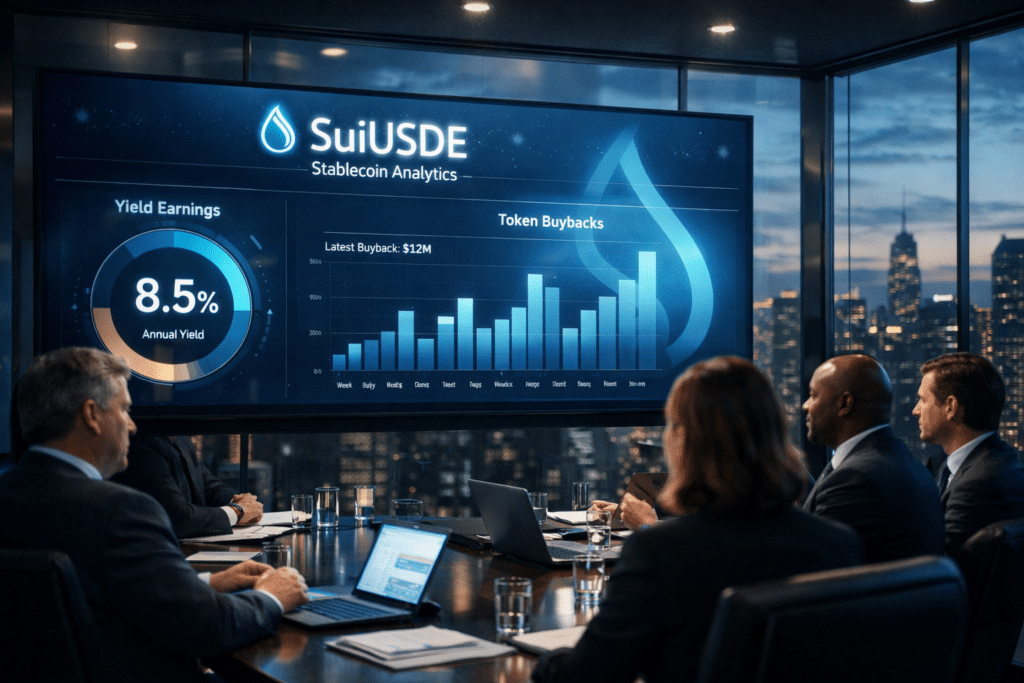 A group of business people in a conference room viewing a presentation on SuiUSDE stablecoin analytics, featuring an 8.5% annual yield graph.
