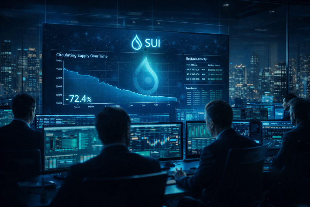 People in an office monitor financial data on screens, with charts showing a 72.4% decrease in supply for a company named SUI.