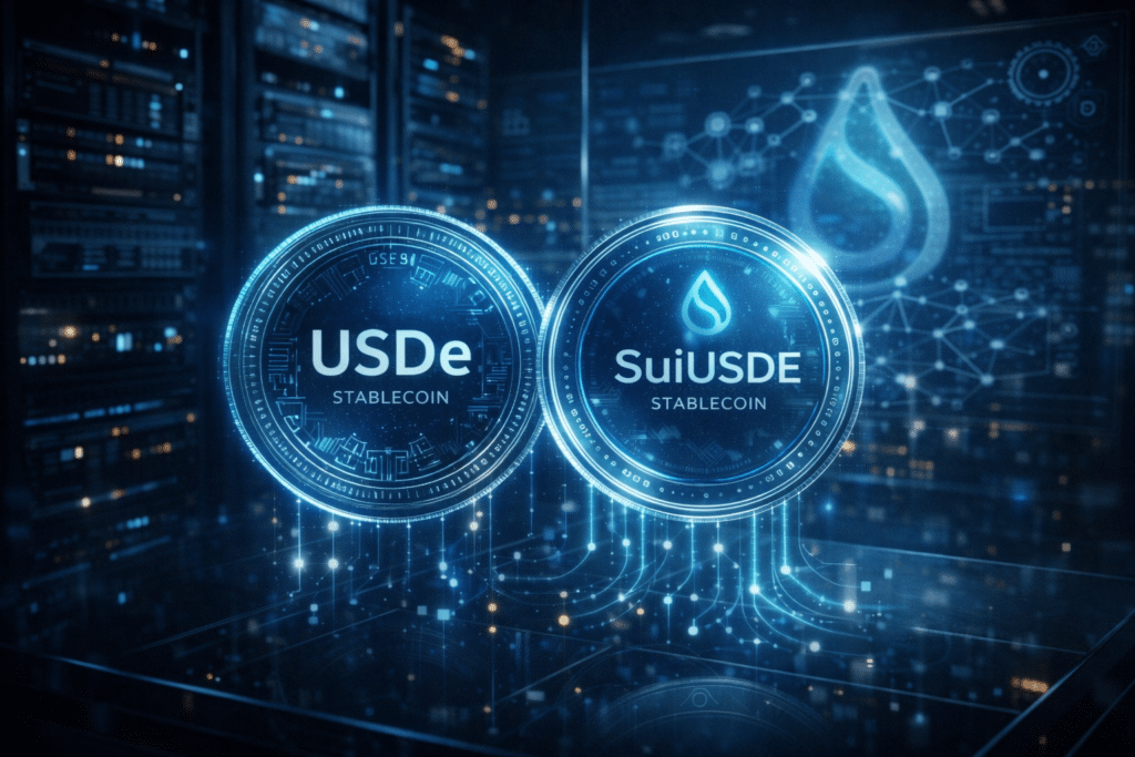Two digital coins labeled "USDe Stablecoin" and "SuiUSDE Stablecoin" are displayed in a futuristic, tech-themed environment.