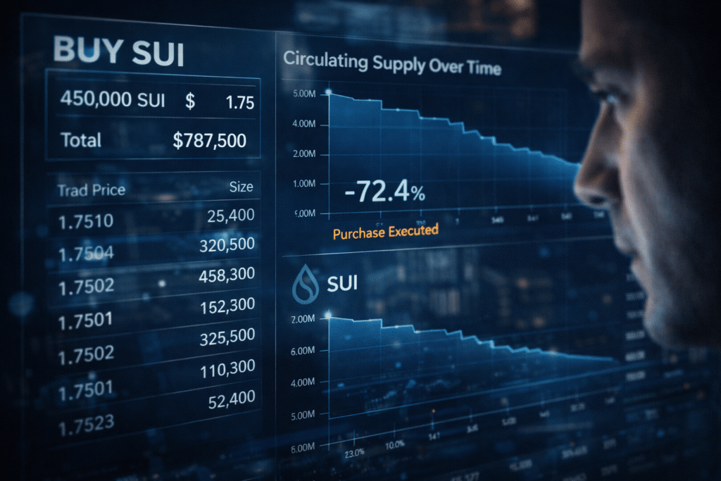 Person looking at a digital screen displaying cryptocurrency data, including a graph and figures related to "SUI" with a significant decrease shown.