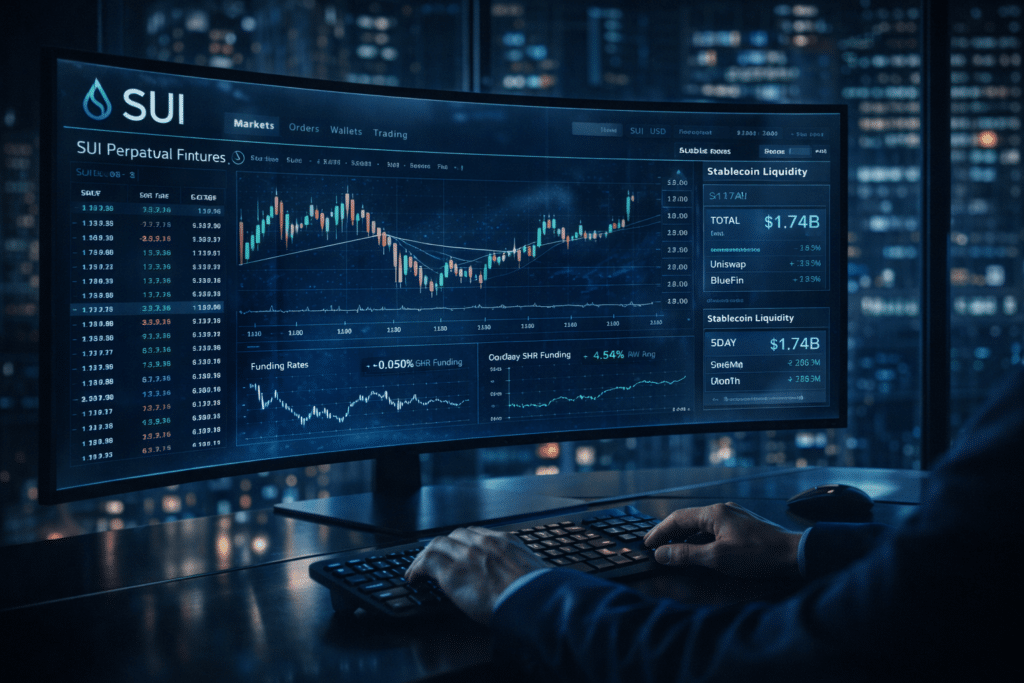 A person analyzes financial charts and data on a large monitor displaying "SUI Perpetual Futures" in a dimly-lit office.