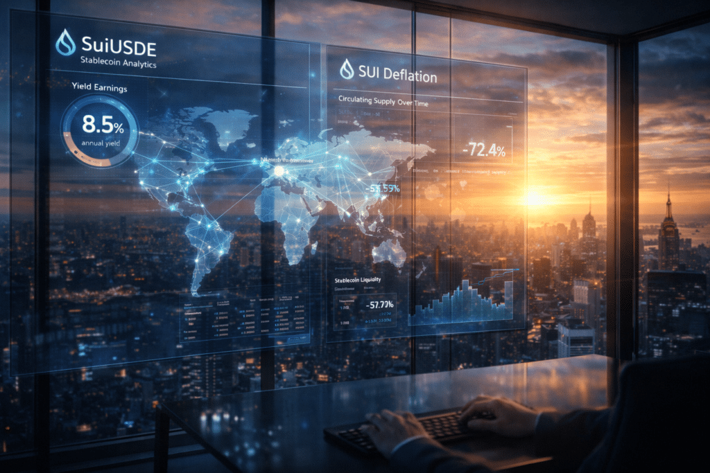 A person sitting at a desk in a high-rise office views digital screens displaying SuiUSDE cryptocurrency analytics and world maps at sunset.
