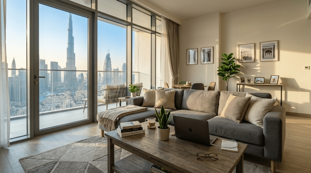 A modern living room with a beige sofa, coffee table, and laptop, overlooking a city skyline with tall buildings.