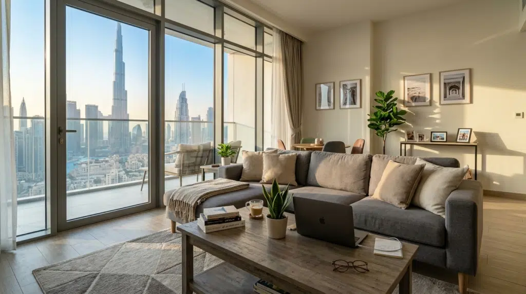 A modern living room with a beige sofa, coffee table, and laptop, overlooking a city skyline with tall buildings.