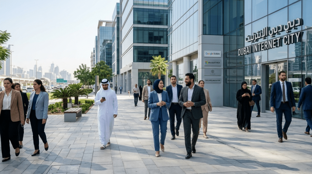 People walking along a sunny, modern business district with