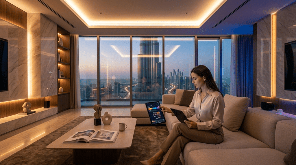 A woman sits on a sofa in a modern high-rise room with a tablet, overlooking a cityscape at dusk through large windows. Thriving in the Emirates.
