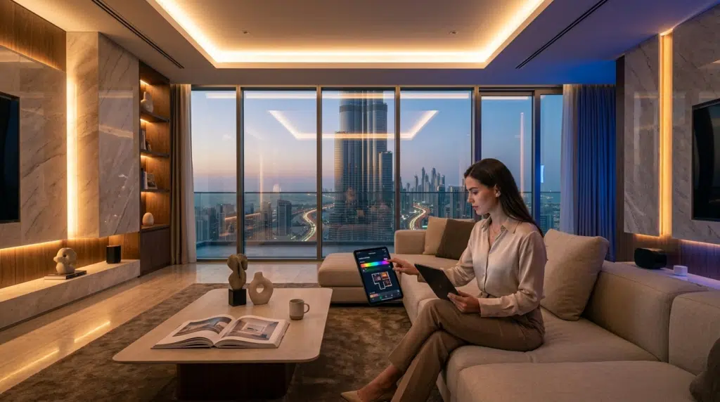 A woman sits on a sofa in a modern high-rise room with a tablet, overlooking a cityscape at dusk through large windows. Thriving in the Emirates.