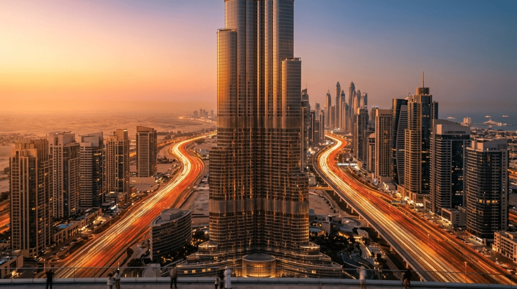 A towering skyscraper stands in the center with city lights and roads curving around it at sunset.