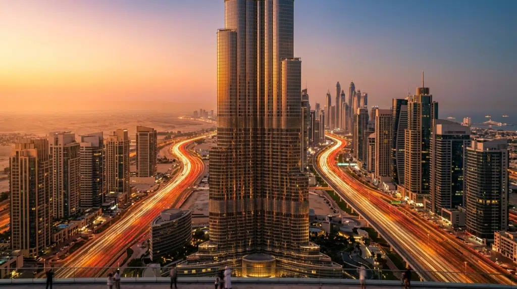 A towering skyscraper stands in the centre with city lights and roads curving around it at sunset.