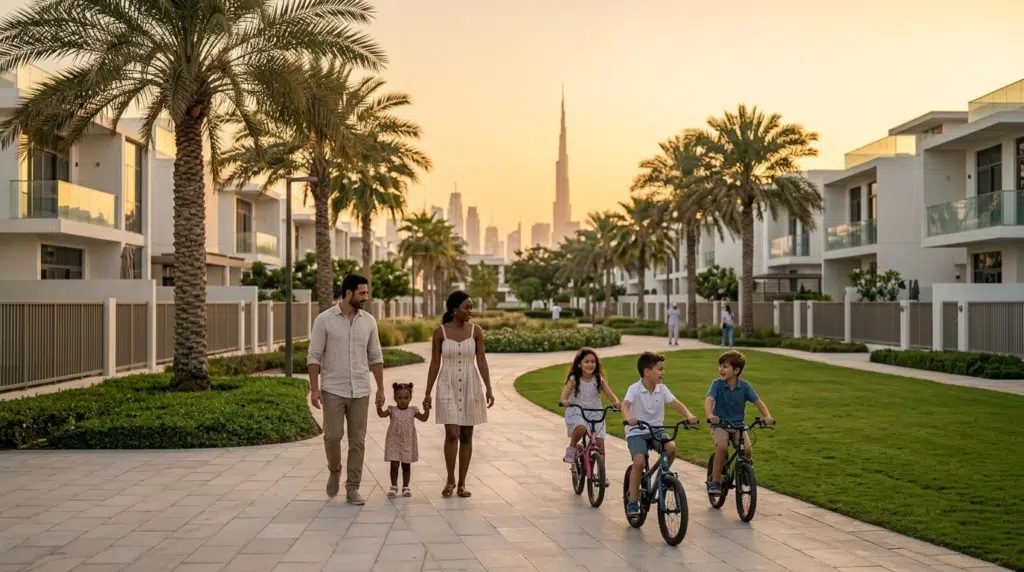 A family thriving in the Emirates walks along a palm-lined path while children ride bikes, with modern buildings and a city skyline in the background.