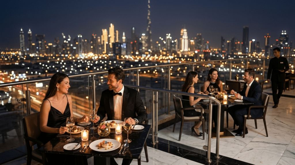Couples dining elegantly on a rooftop with a city skyline illuminated at night.