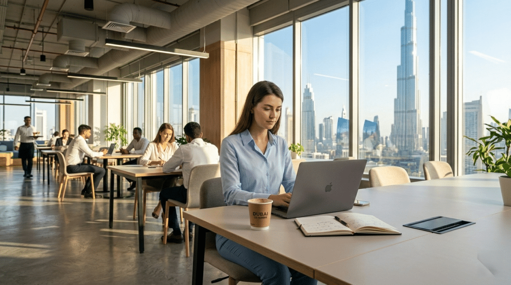 A woman is thriving in the Emirates, working on a laptop in a modern office with large windows and a cityscape view, including a tall skyscraper.