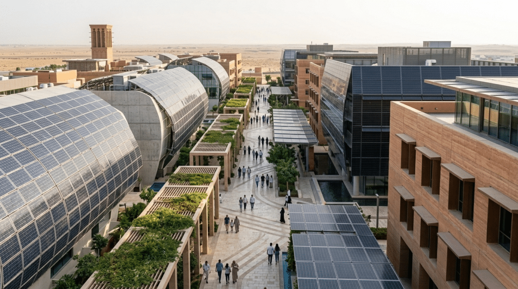 Aerial view of a modern campus with solar panels, walkways, and people walking between futuristic buildings.