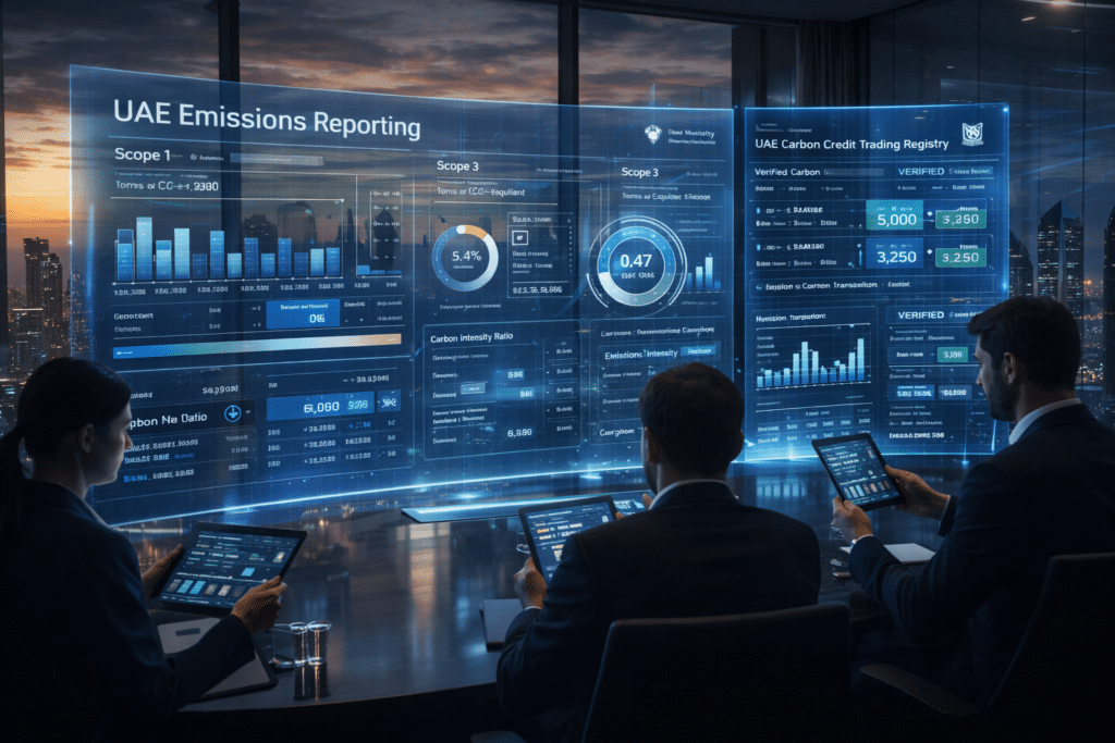 People using tablets in a modern office, analyzing futuristic digital screens displaying UAE emissions data and carbon trading registry.