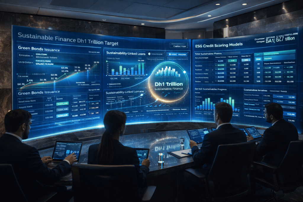 A futuristic control room with people analysing large digital screens displaying UAE Sustainability Trends 2026 andfinancial data and sustainability metrics.