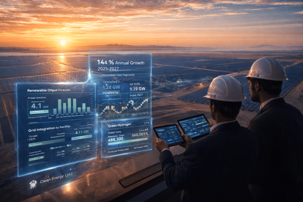 Two people in hard hats view transparent digital screens displaying UAE Sustainability Trends 2026 renewable energy data at a solar farm during sunset.