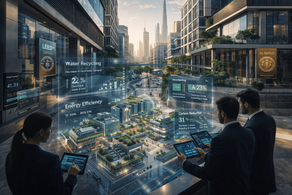 People analyzing a futuristic digital display of eco-friendly urban planning metrics in a modern cityscape setting.