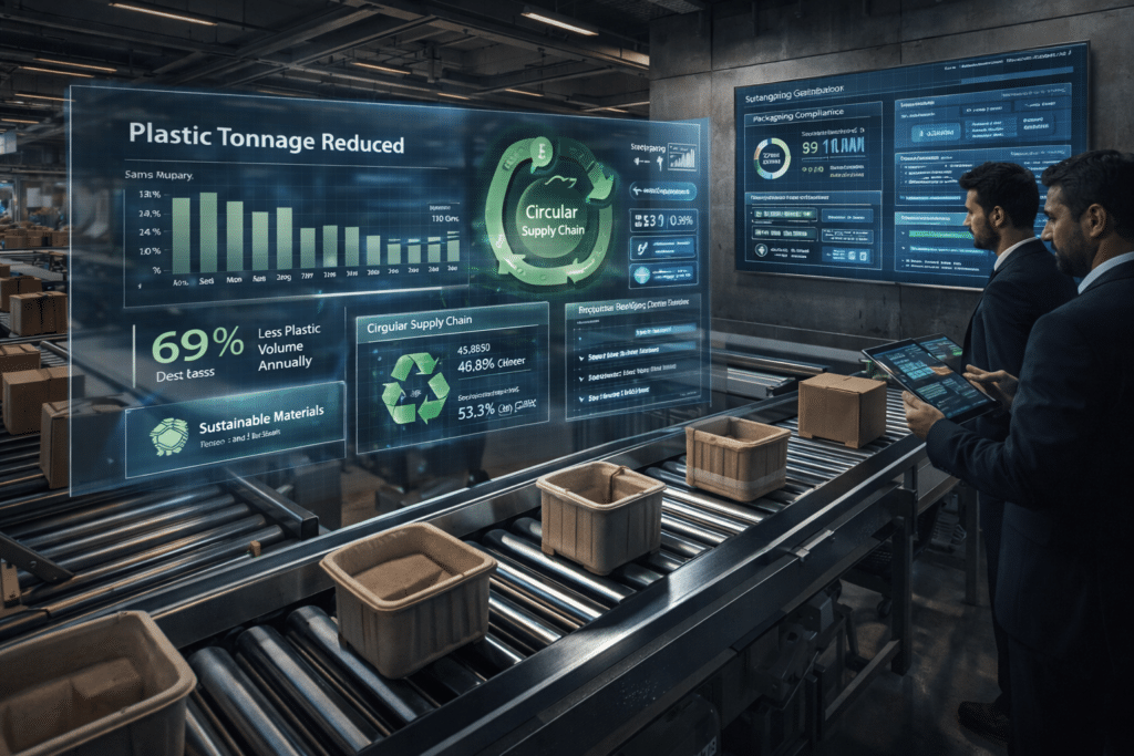Two men examine digital displays about sustainable materials and reduced plastic tonnage on a futuristic control panel in a modern facility.