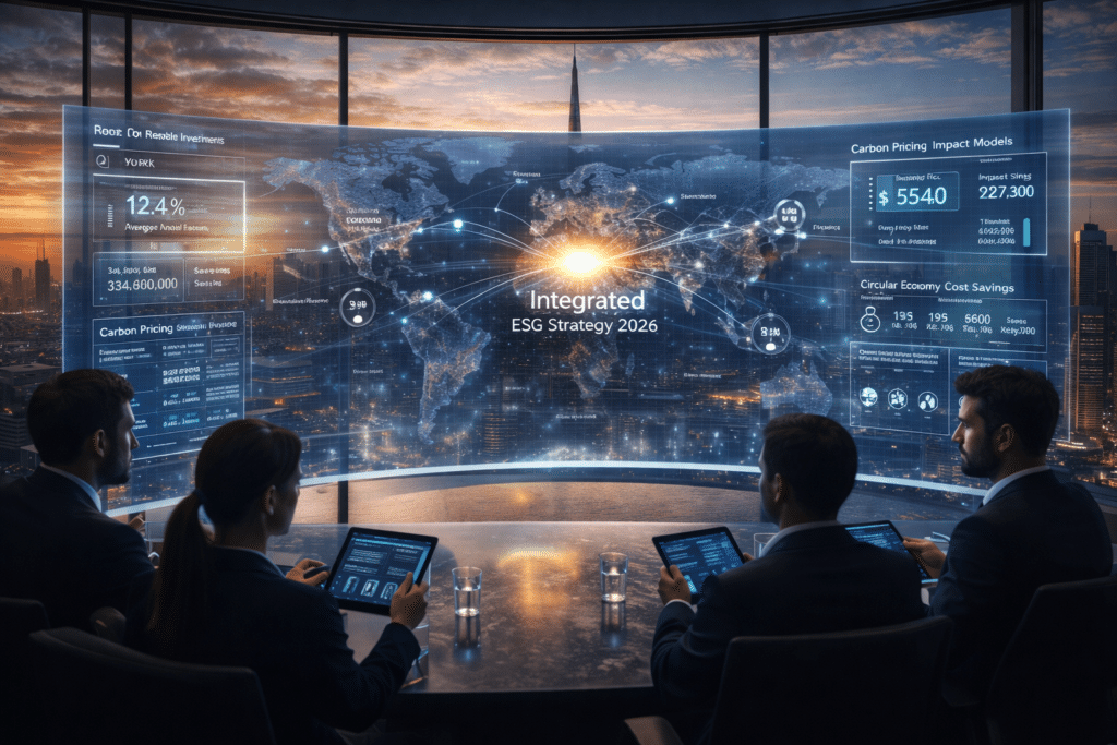 People in a meeting room looking at a large curved digital screen displaying