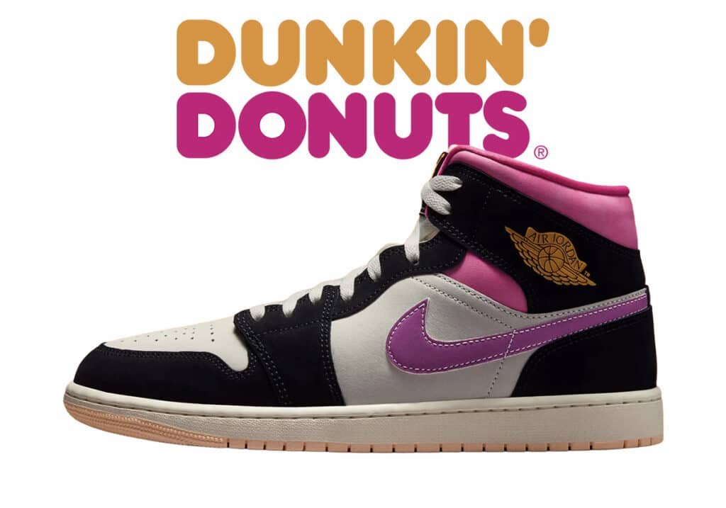 A Air Jordan 1 “Dunkin’ Donuts” sneaker design featuring black, white, and pink colors with a Dunkin' Donuts logo above.